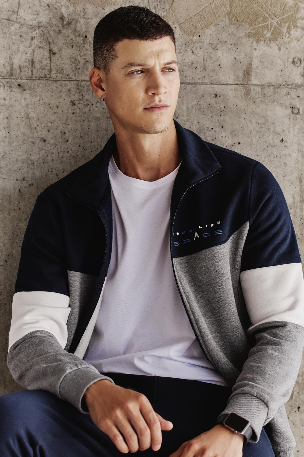 Gri Melanj - Lacivert Dik Yaka  Renk Geçişli İçi Polarlı Erkek Eşofman Takımı  - 85186