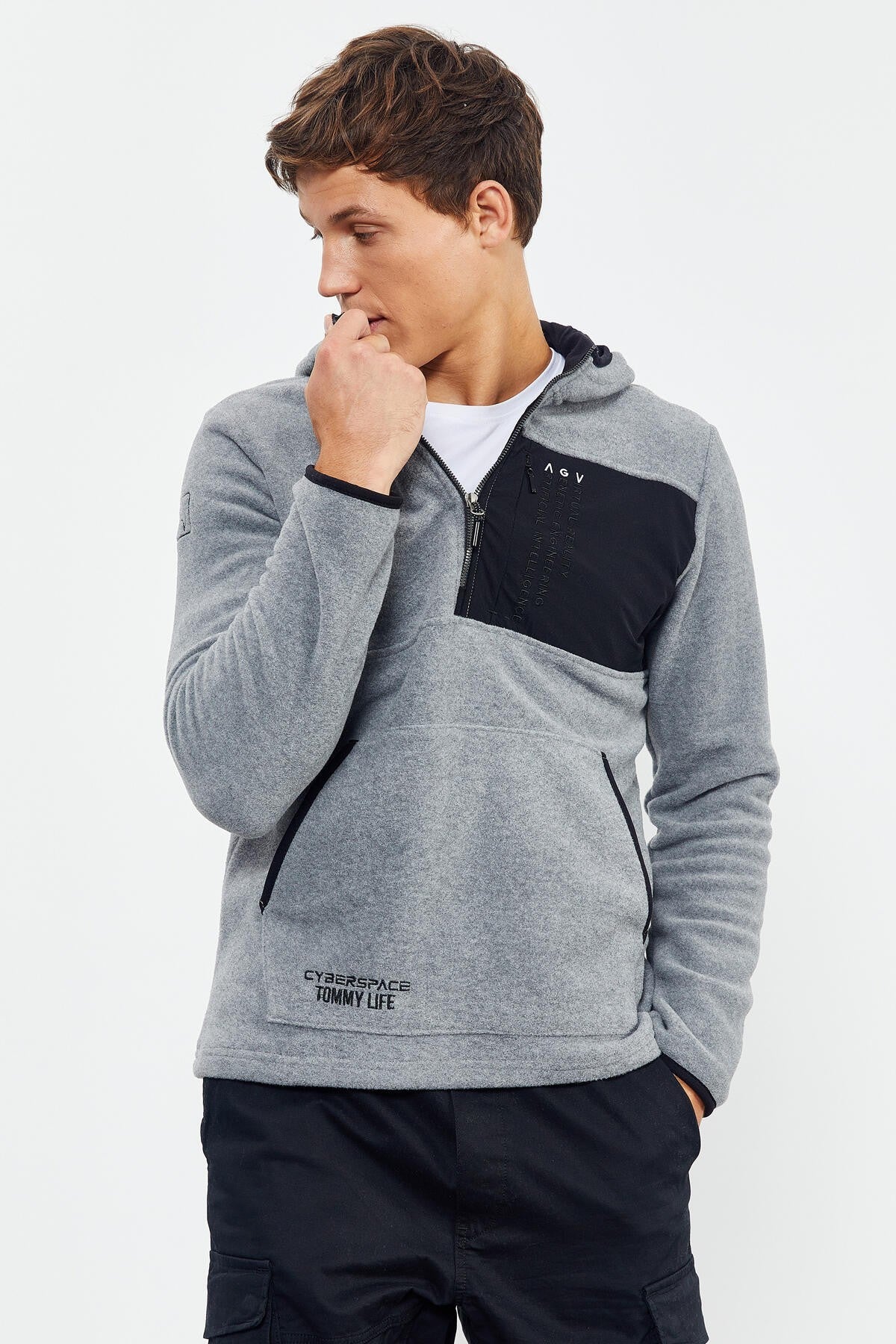 Gri Melanj Nakışlı Yarım Fermuar Kapüşonlu Standart Kalıp Erkek Polar Sweatshirt - 87996