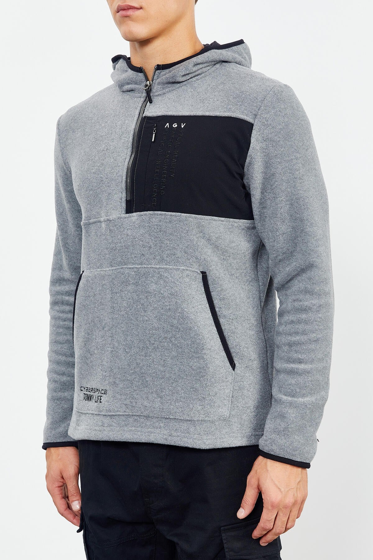 Gri Melanj Nakışlı Yarım Fermuar Kapüşonlu Standart Kalıp Erkek Polar Sweatshirt - 87996