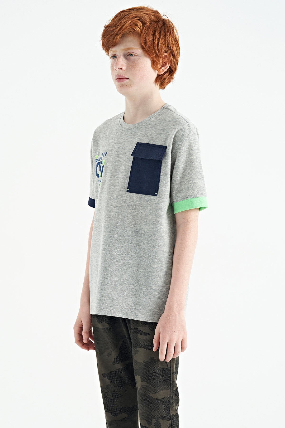 Gri Melanj O Yaka Oversize Cep Detaylı Erkek Çocuk T-Shirt - 11152