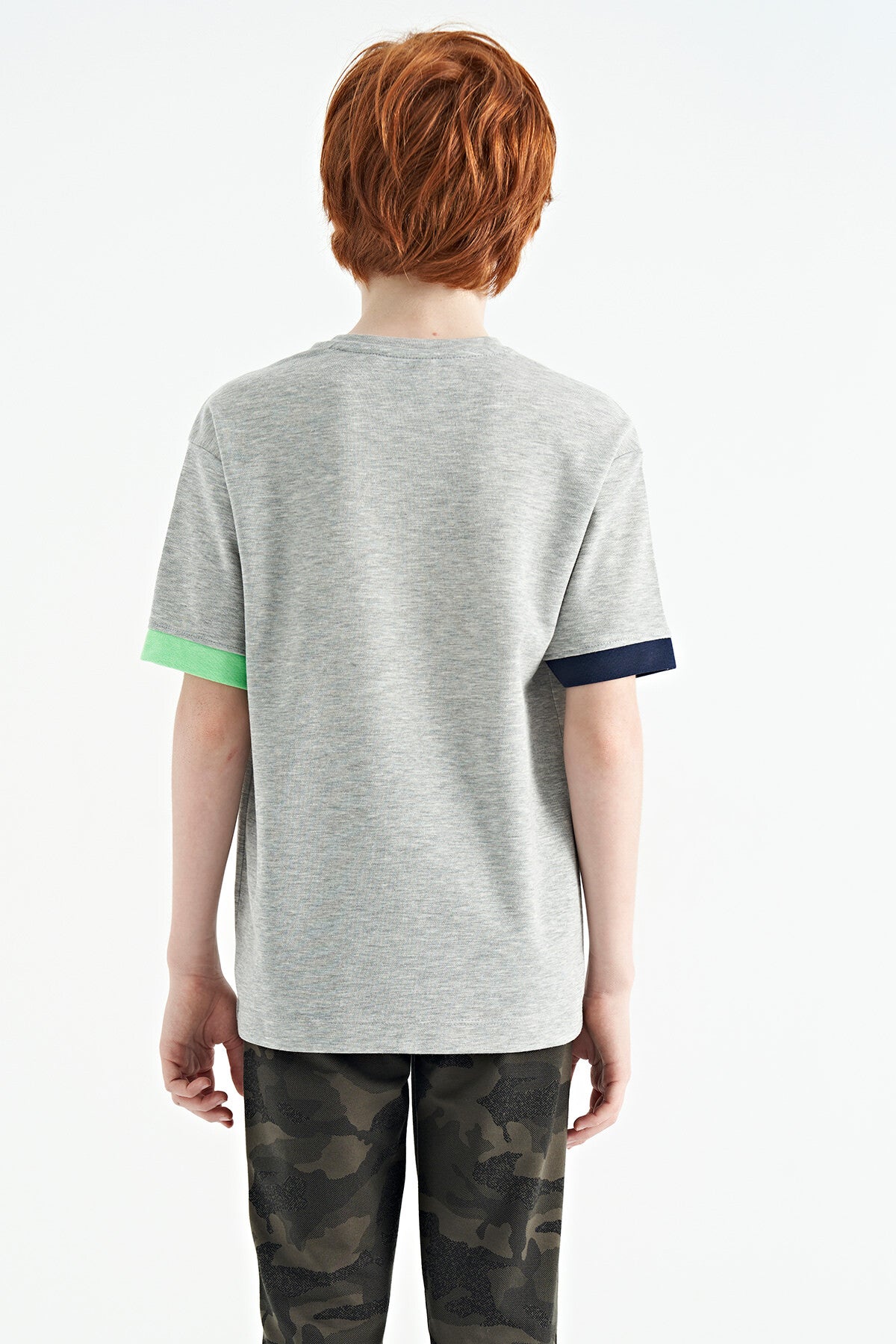 Gri Melanj O Yaka Oversize Cep Detaylı Erkek Çocuk T-Shirt - 11152