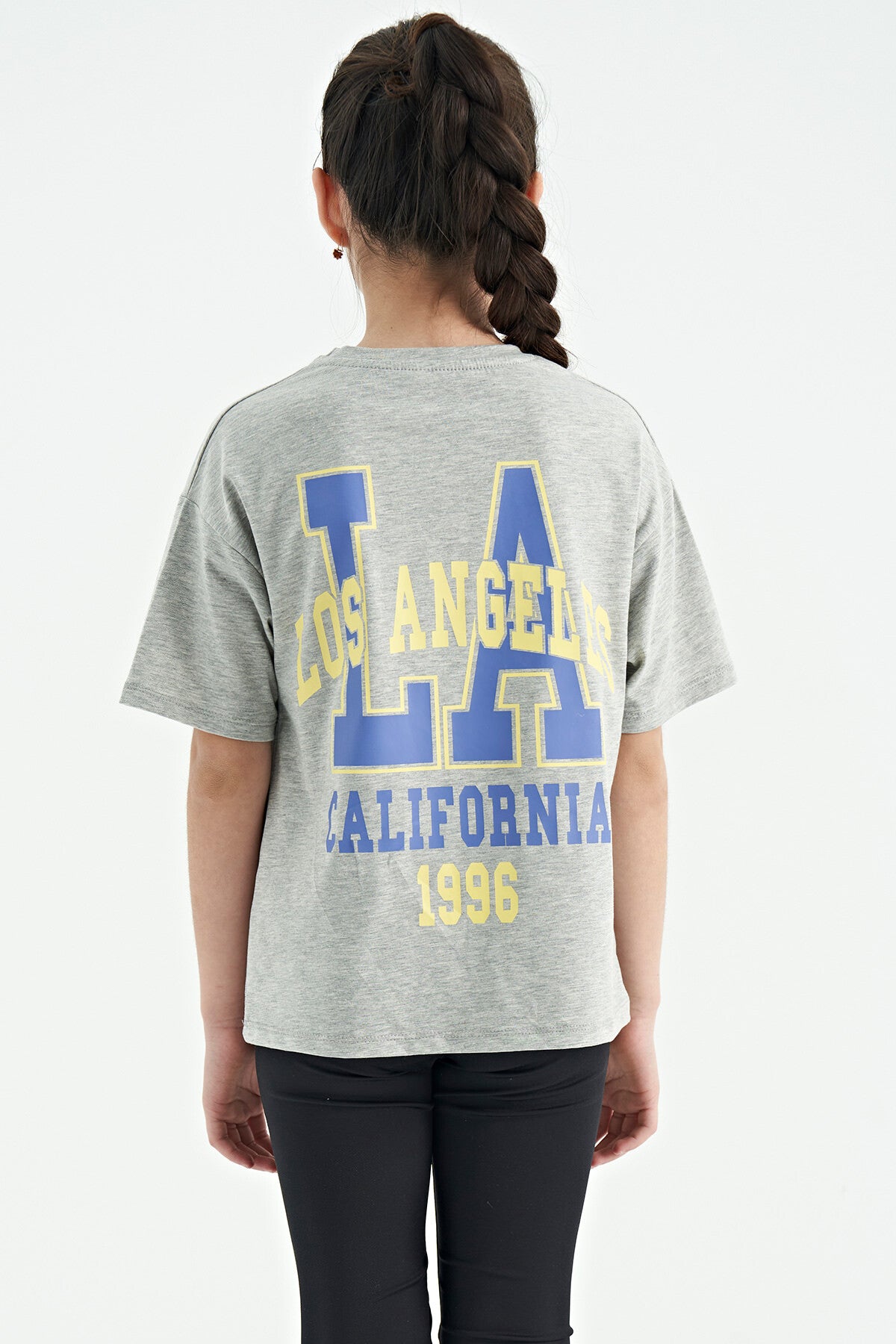 Gri Melanj Ön Arka Baskılı O Yaka Oversize Kısa Kollu Kız Çocuk T-Shirt - 75127