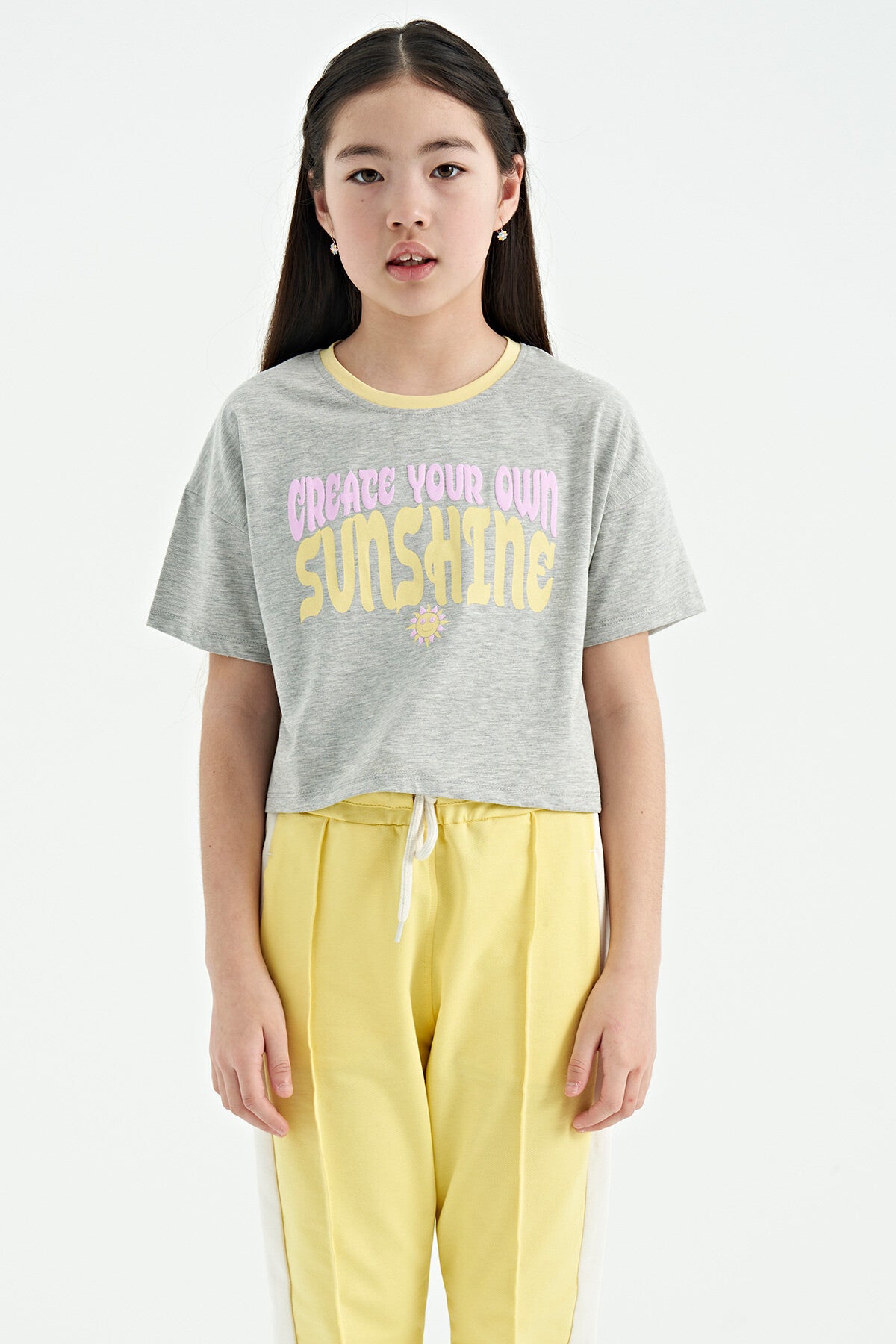 Gri Melanj Renkli Yazı Baskılı O Yaka Oversize  Kısa Kollu Kız Çocuk T-Shirt - 75111