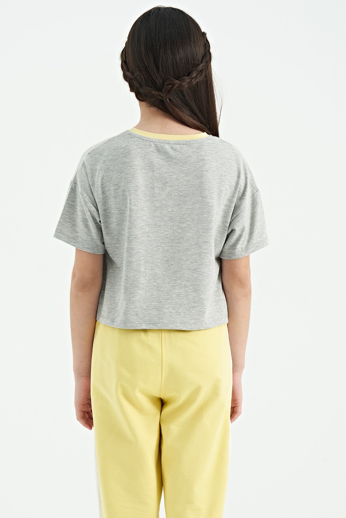 Gri Melanj Renkli Yazı Baskılı O Yaka Oversize  Kısa Kollu Kız Çocuk T-Shirt - 75111