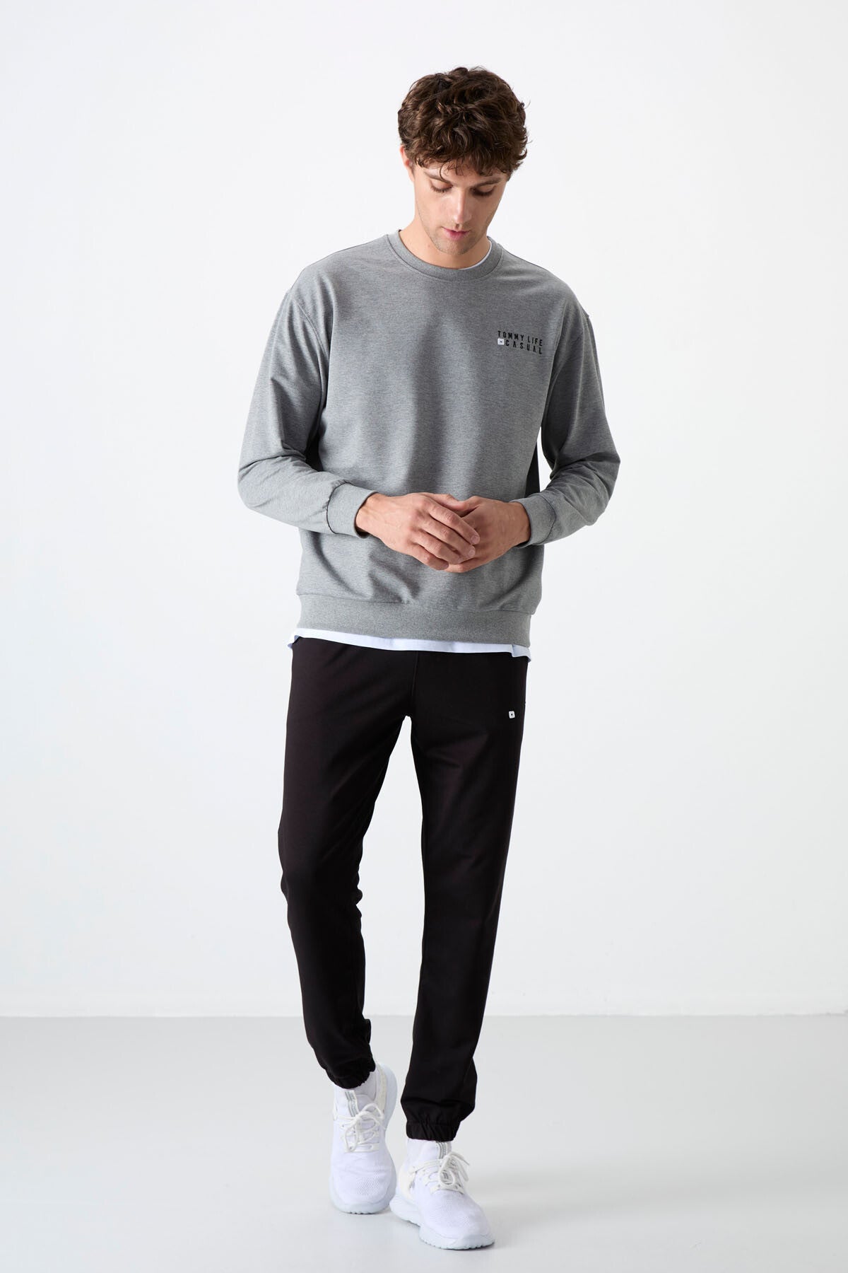 Gri Melanj - Siyah Casual O Yaka Lastik Paça Pamuklu Erkek Oversize Eşofman Takımı - 85120