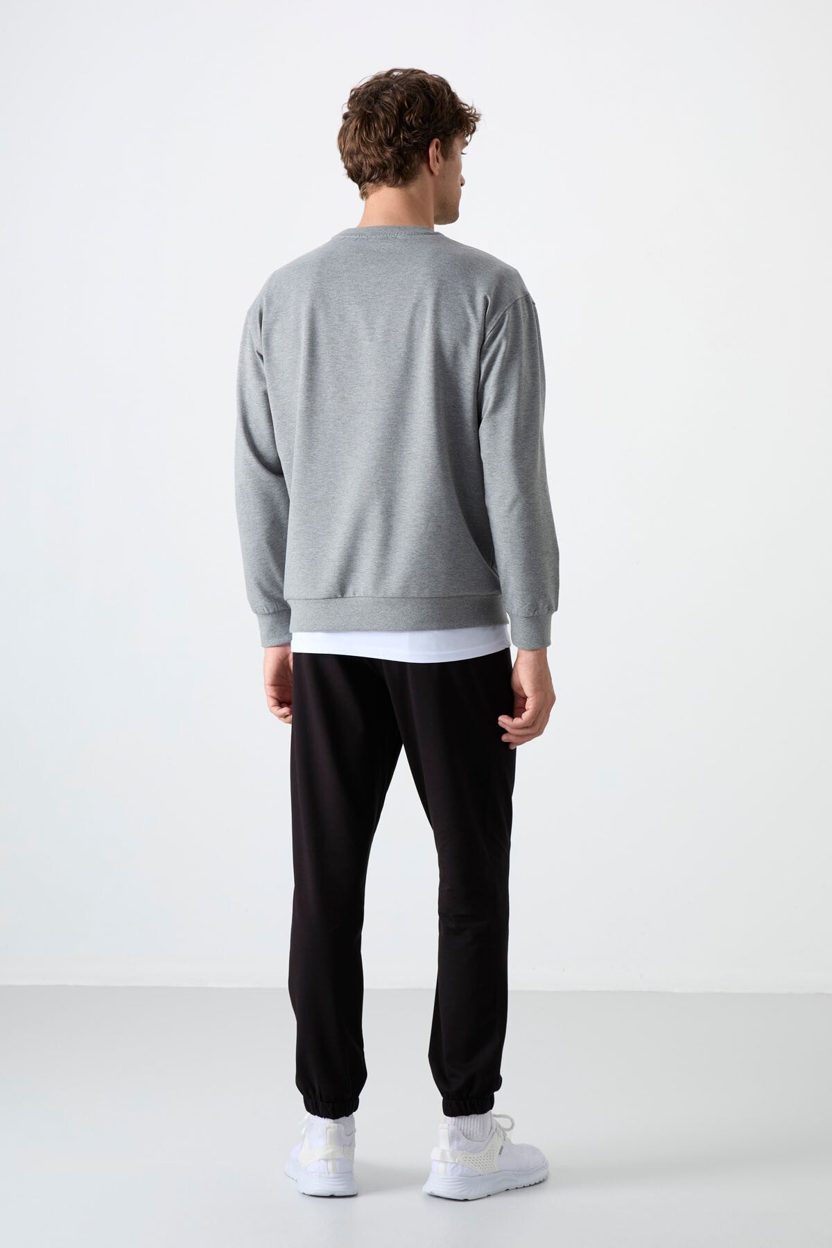 Gri Melanj - Siyah Casual O Yaka Lastik Paça Pamuklu Erkek Oversize Eşofman Takımı - 85120