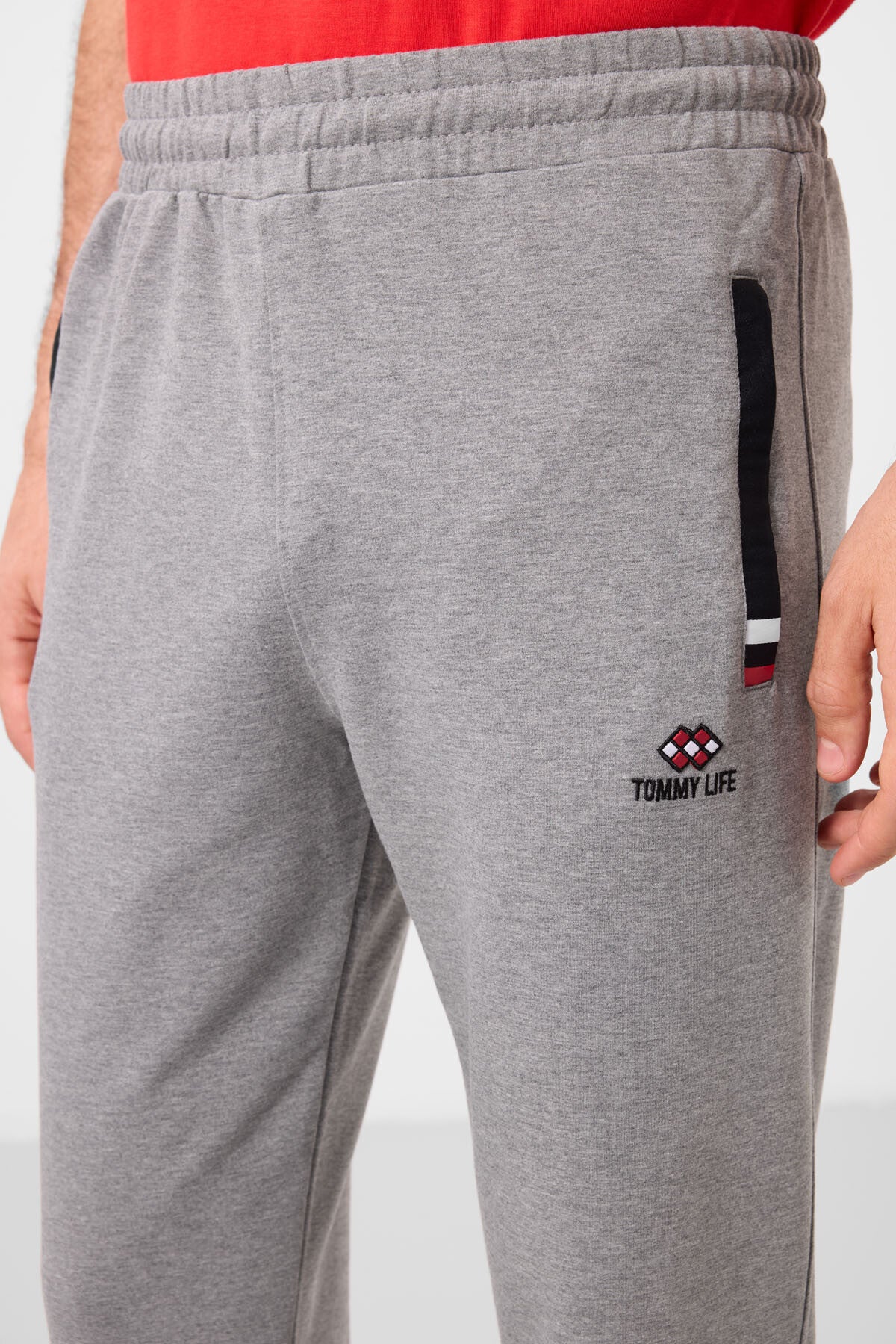 Gri Melanj - Siyah Fermuar Cepli Dar Kalıp Klasik Paça Erkek Eşofman Alt - 84649