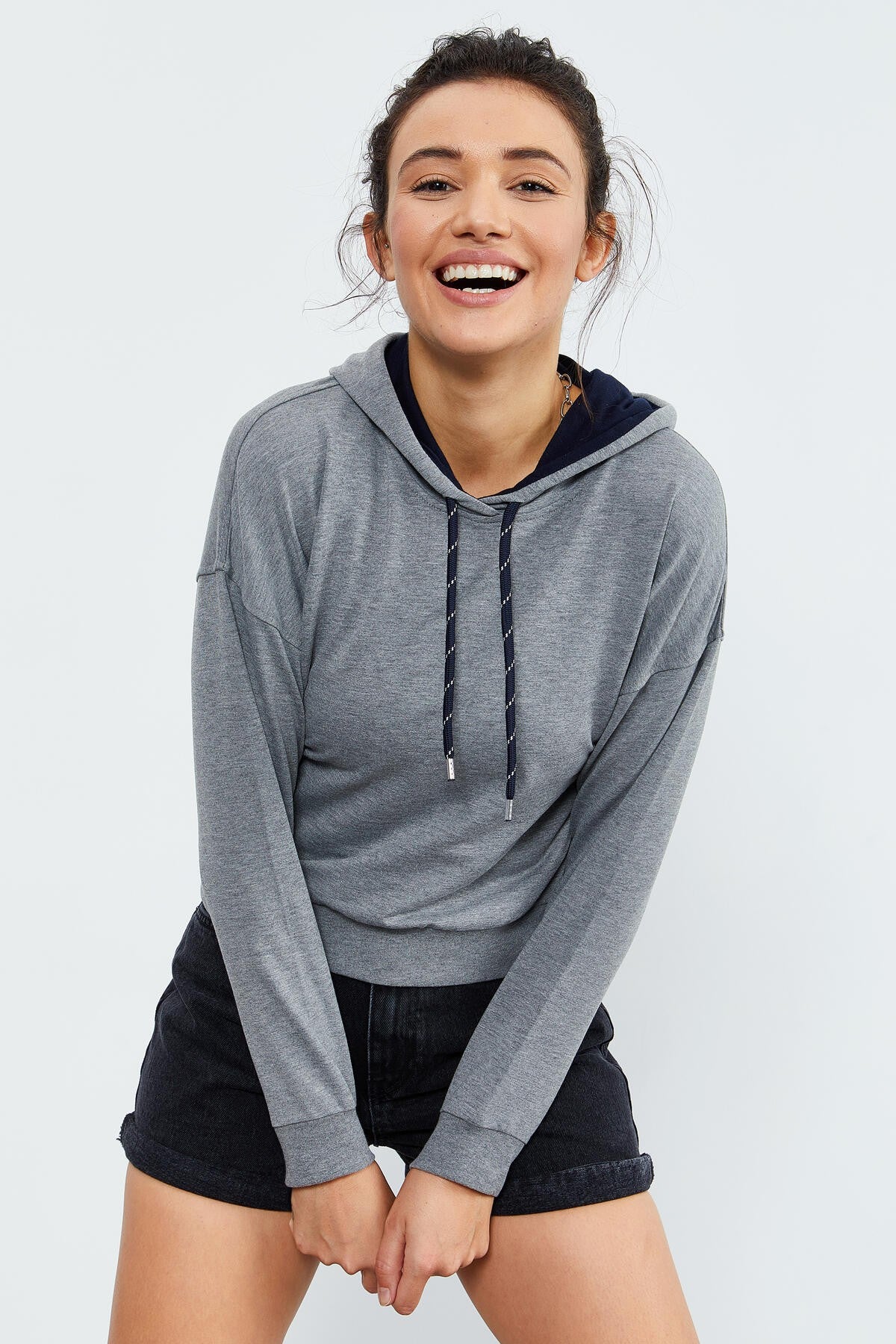 Gri Melanj Uzun Kol Rahat Form Kapüşonlu Kadın Sweatshirt - 97115