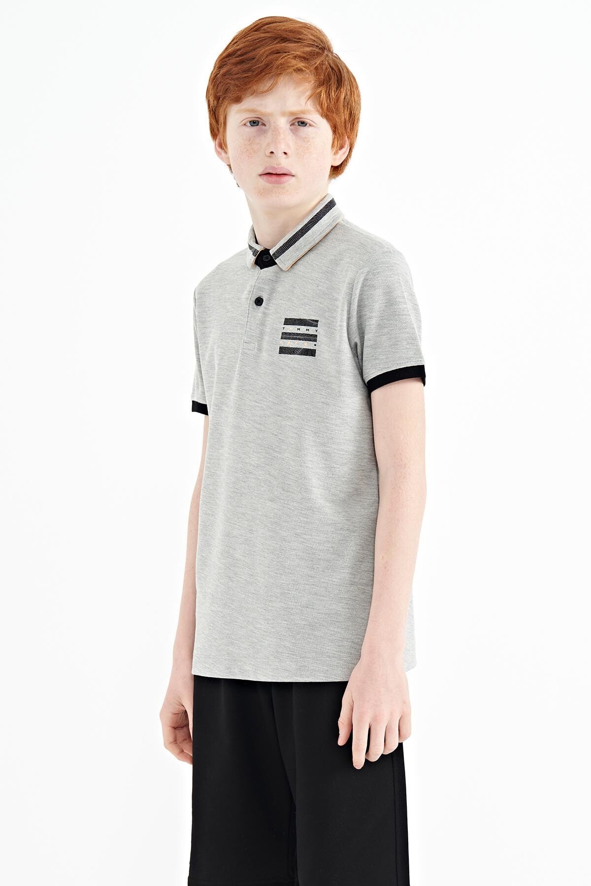 Gri Melanj Yakası Renk Bloklu Baskı Detaylı Standart Kalıp Erkek Çocuk T-Shirt - 11111