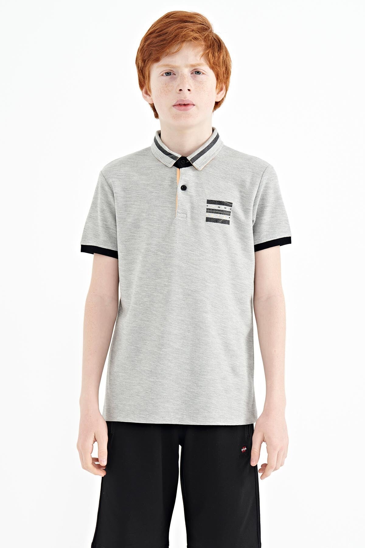 Gri Melanj Yakası Renk Bloklu Baskı Detaylı Standart Kalıp Erkek Çocuk T-Shirt - 11111