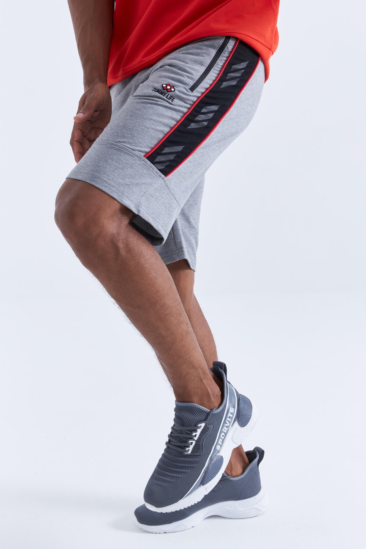 Gri Melanj Yan Şeritli Standart Kalıp Erkek Şort - 81148