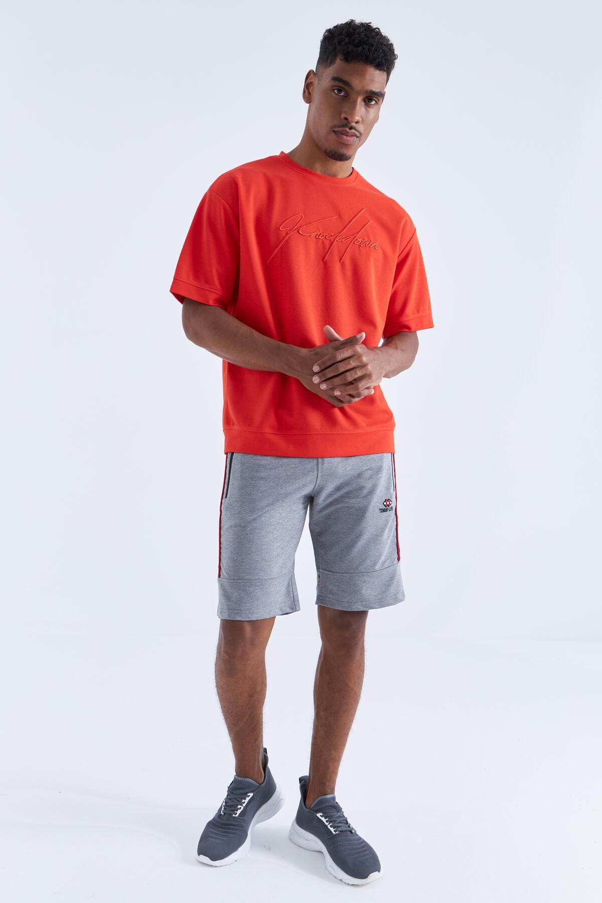 Gri Melanj Yan Şeritli Standart Kalıp Erkek Şort - 81148