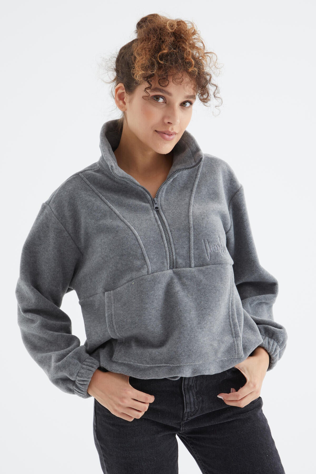 Gri Melanj Yarım Fermuar Etek Ucu Büzgülü Kadın Polar Oversize Sweatshirt - 97171