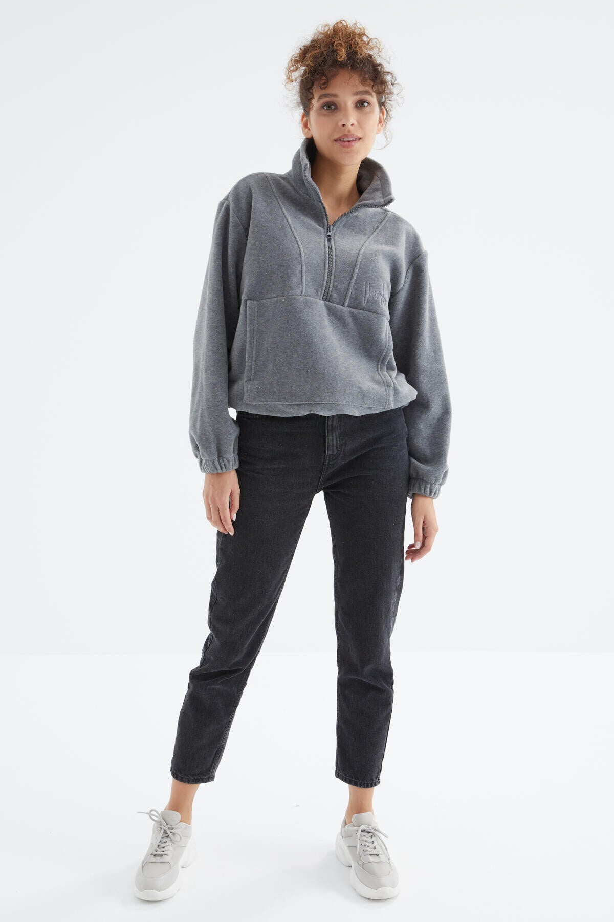 Gri Melanj Yarım Fermuar Etek Ucu Büzgülü Kadın Polar Oversize Sweatshirt - 97171