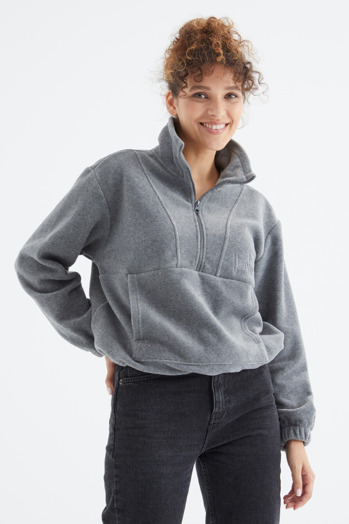 Gri Melanj Yarım Fermuar Etek Ucu Büzgülü Kadın Polar Oversize Sweatshirt - 97171