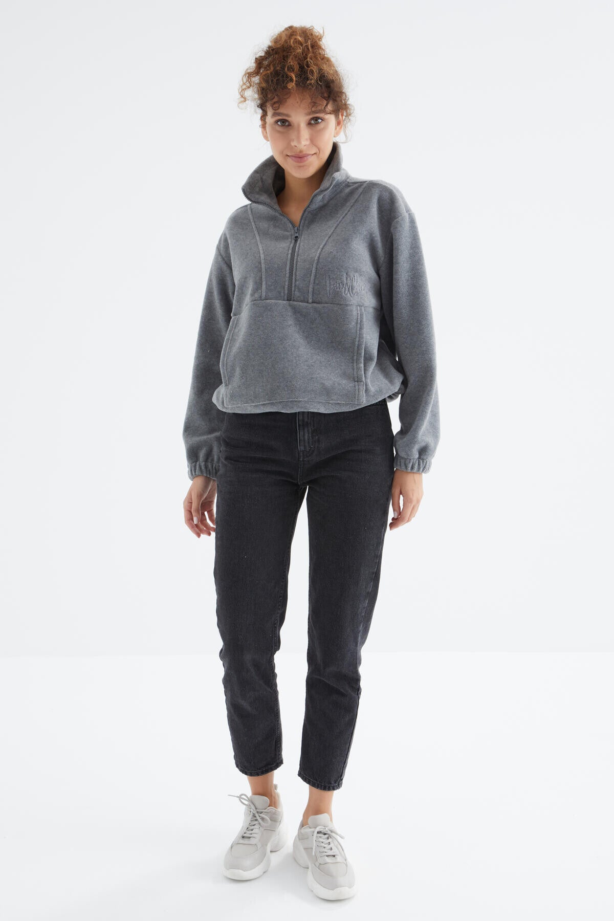 Gri Melanj Yarım Fermuar Etek Ucu Büzgülü Kadın Polar Oversize Sweatshirt - 97171