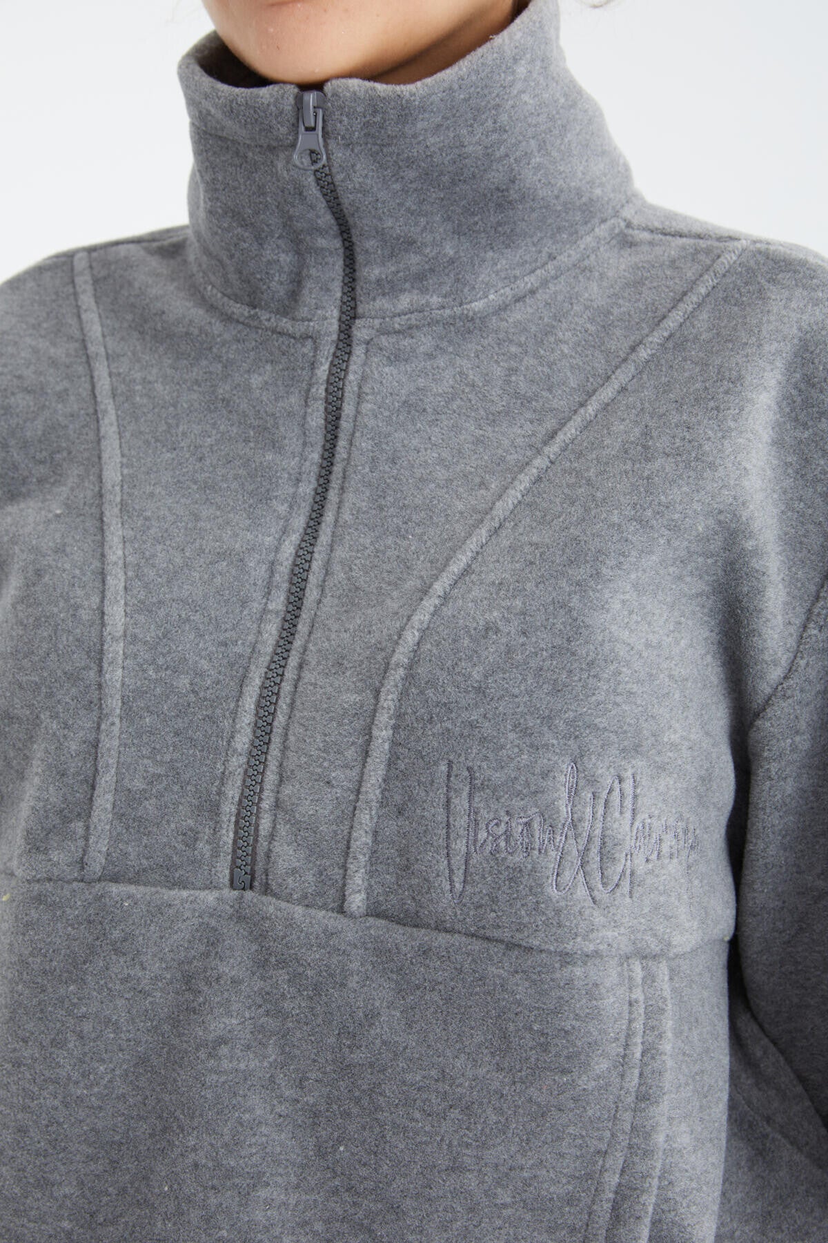 Gri Melanj Yarım Fermuar Etek Ucu Büzgülü Kadın Polar Oversize Sweatshirt - 97171