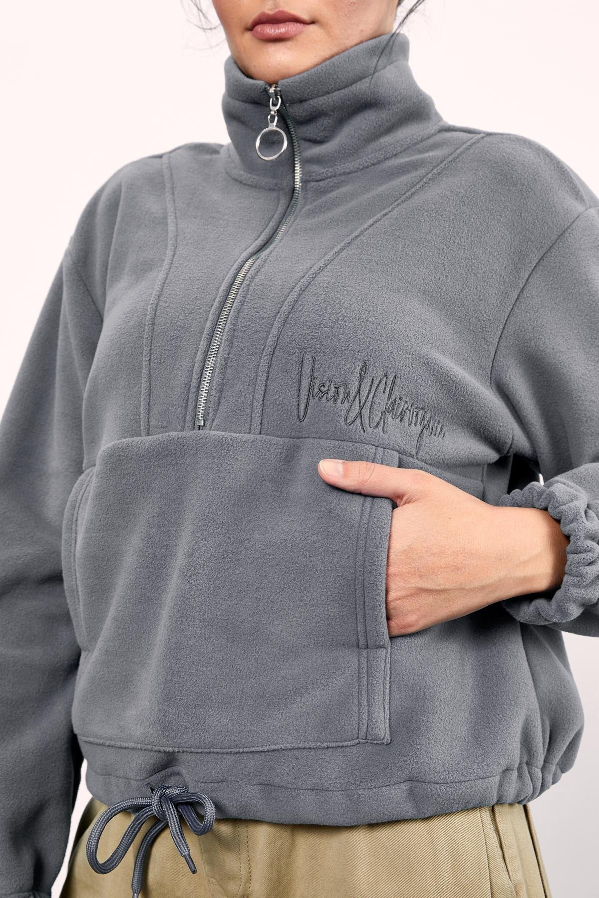 Gri Melanj Yarım Fermuar Etek Ucu Büzgülü Kadın Polar Oversize Sweatshirt - 97171