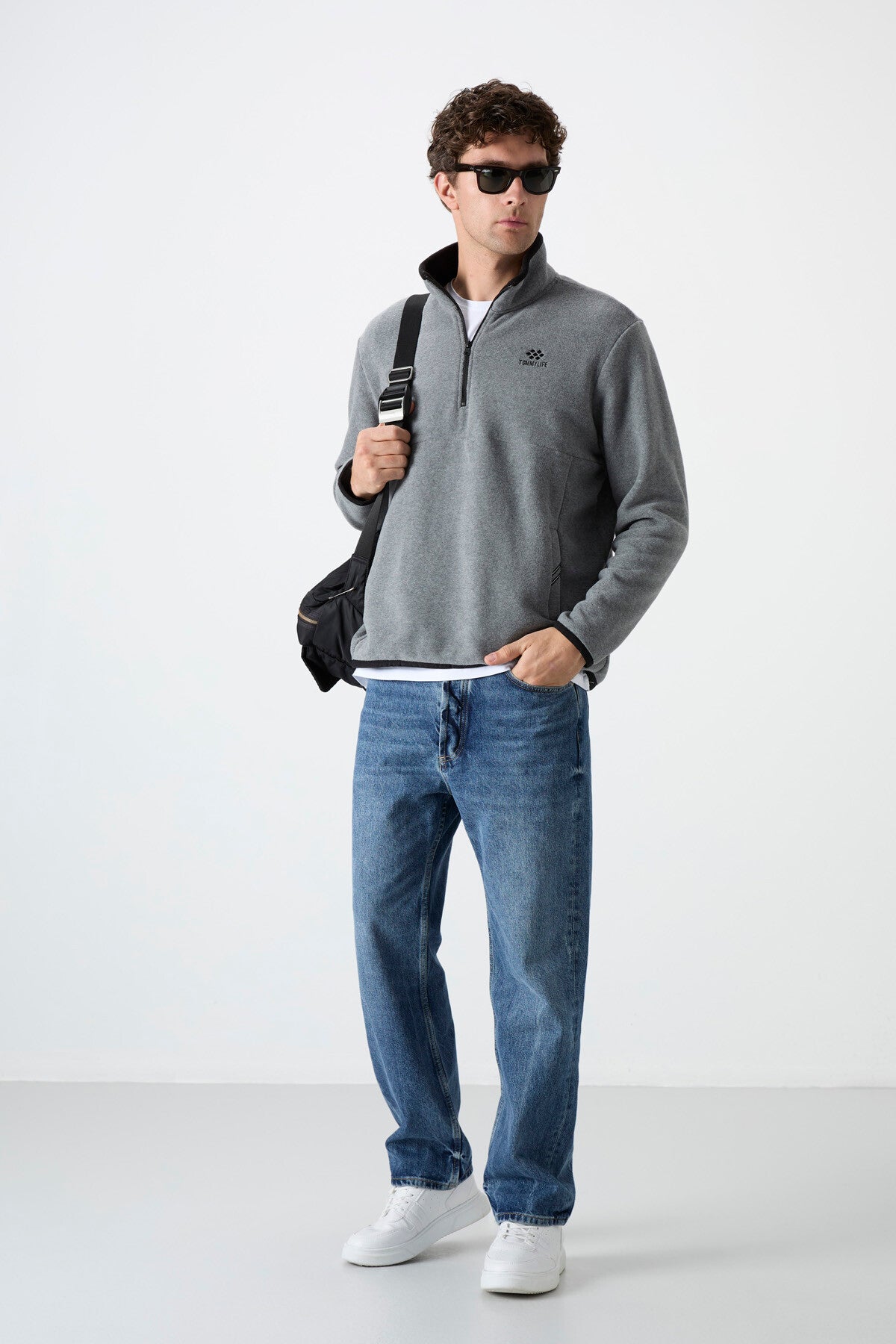 Gri Melanj Yarım Fermuarlı Sweatshirt Slim Fit Dik Yaka Erkek Polar - 87891