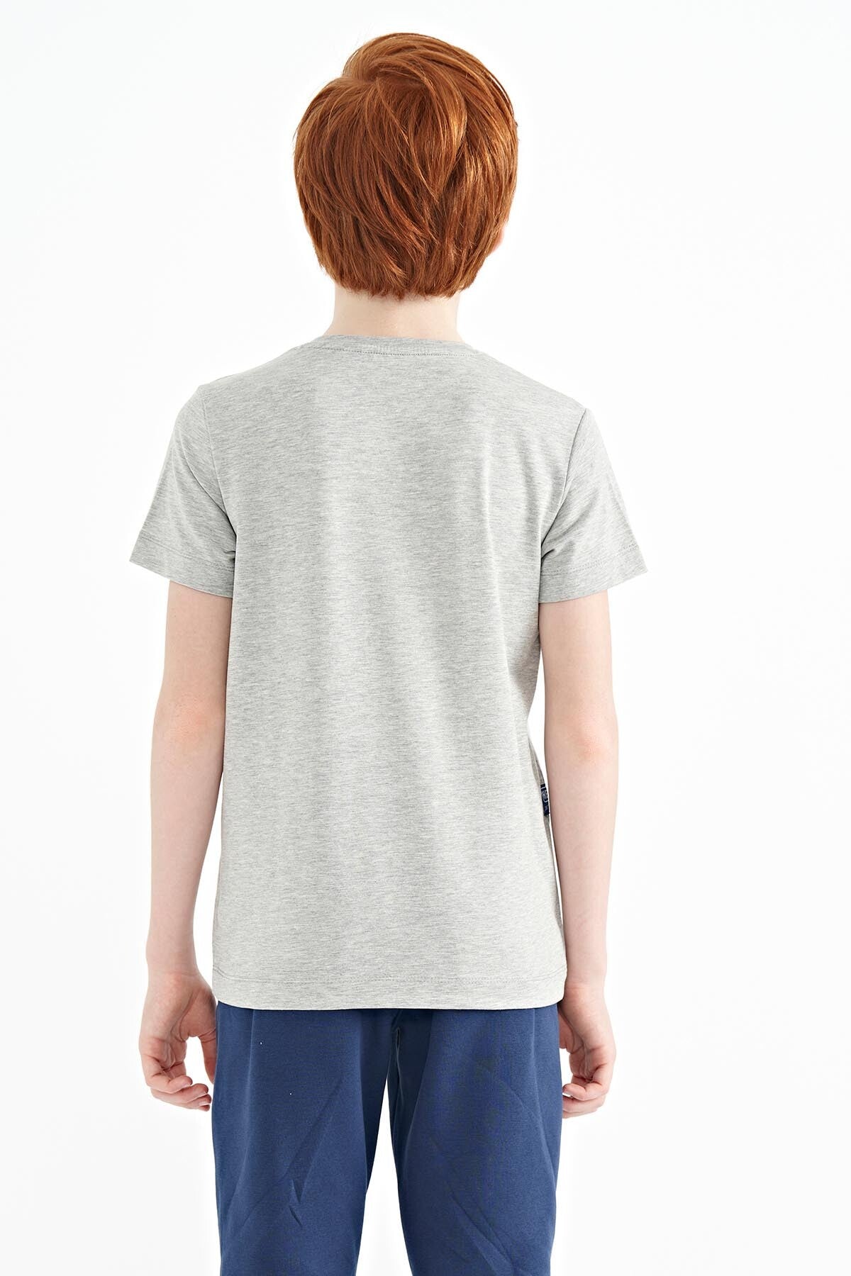 Gri Melanj Yazı Baskılı O Yaka Standart Kalıp Erkek Çocuk T-Shirt - 11149