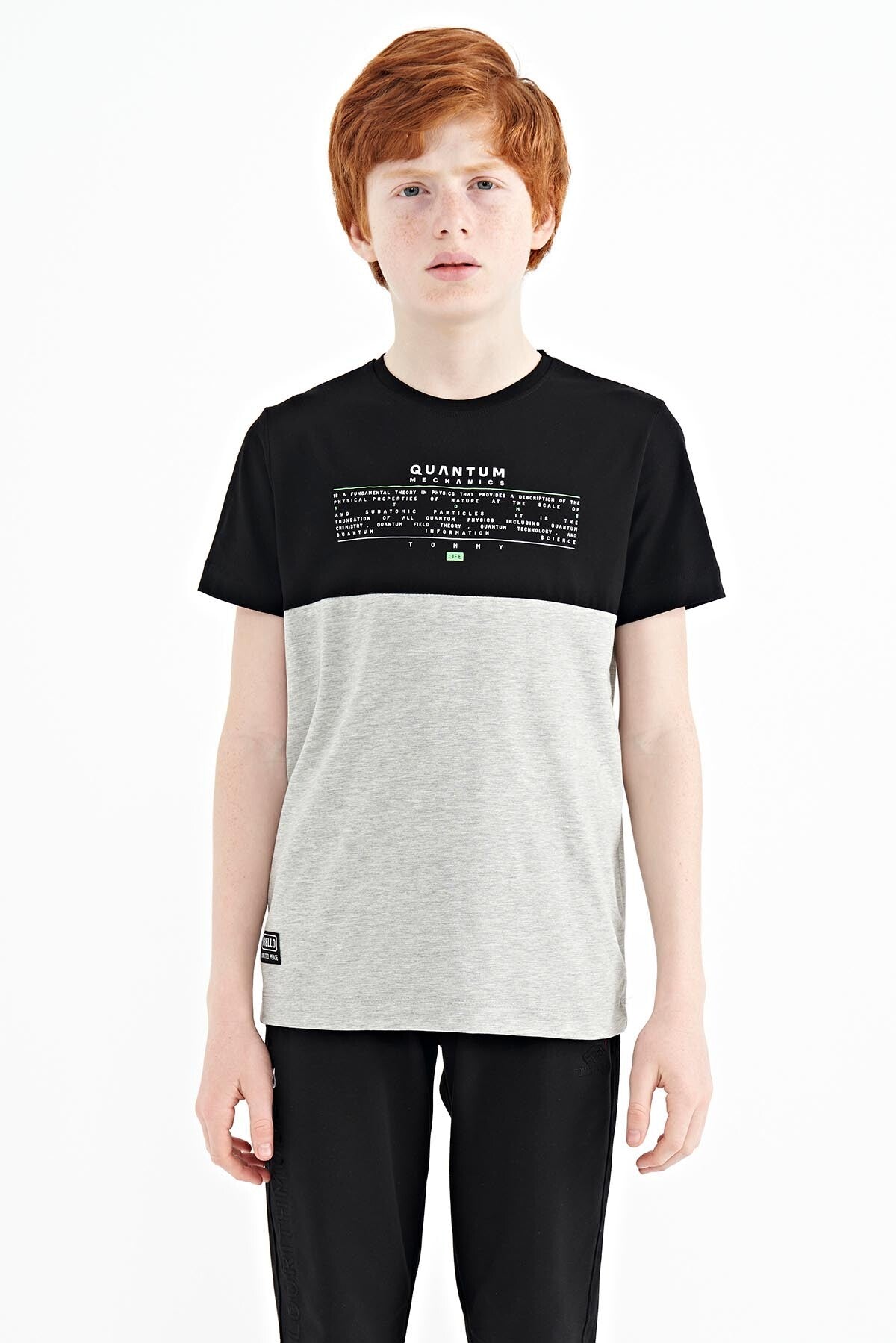 Gri Melanj Yazı Baskılı Renk Bloklu Standart Kalıp O Yaka Erkek Çocuk T-Shirt - 11134