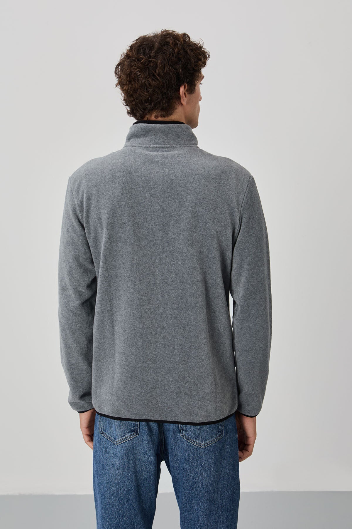 Gri Melanj Yazı Nakışlı Dik Yaka Fermuarlı Standart Kalıp Erkek Sweatshirt Polar - 87992