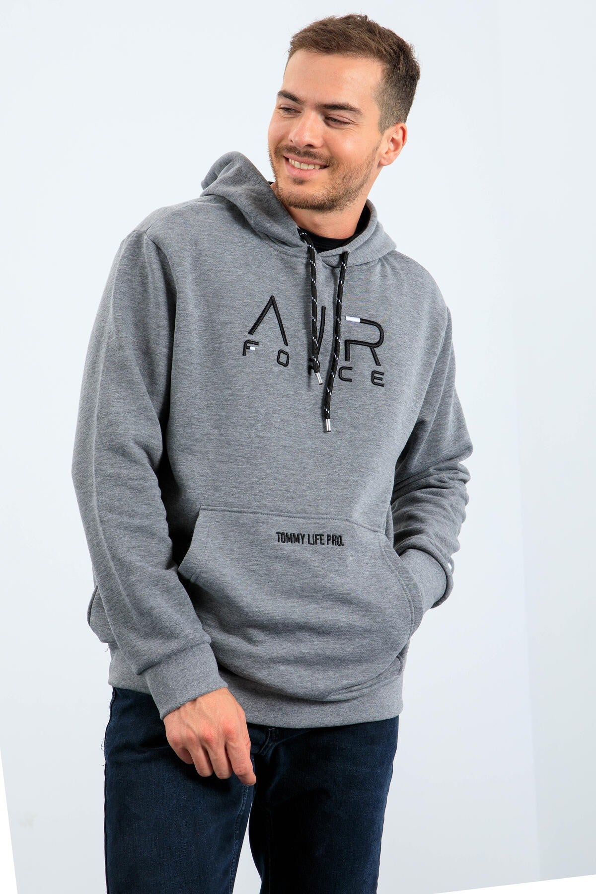 Gri Melanj Yazı Nakışlı Standart Kalıp Kapüşonlu Erkek Sweatshirt - 87838