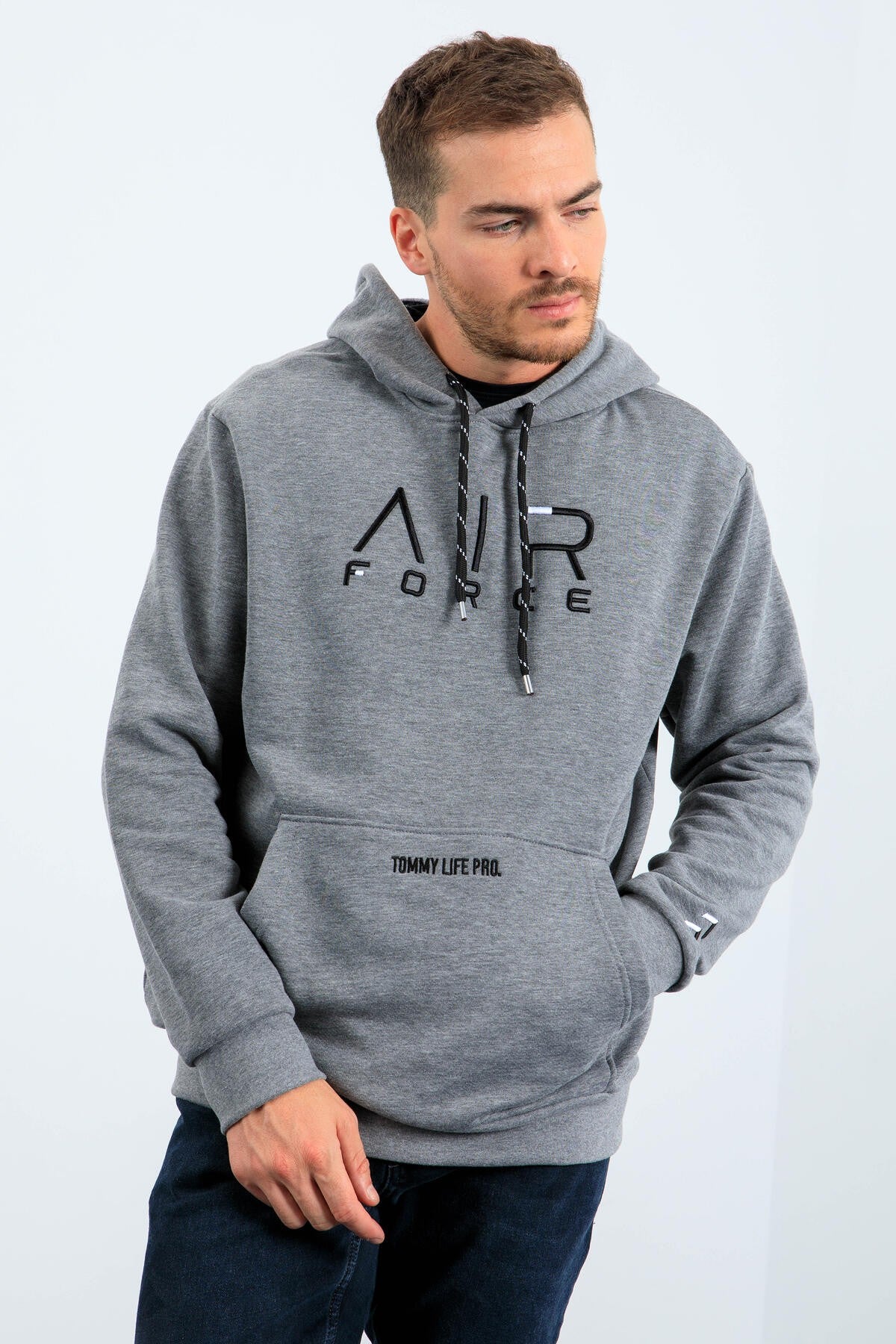 Gri Melanj Yazı Nakışlı Standart Kalıp Kapüşonlu Erkek Sweatshirt - 87838