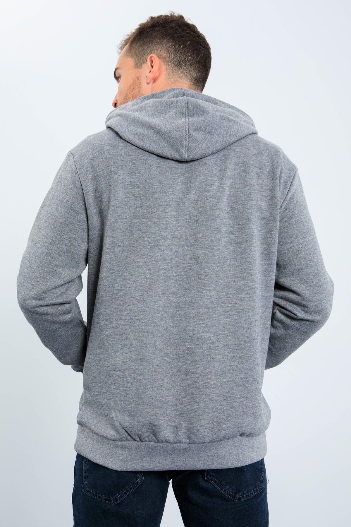Gri Melanj Yazı Nakışlı Standart Kalıp Kapüşonlu Erkek Sweatshirt - 87838