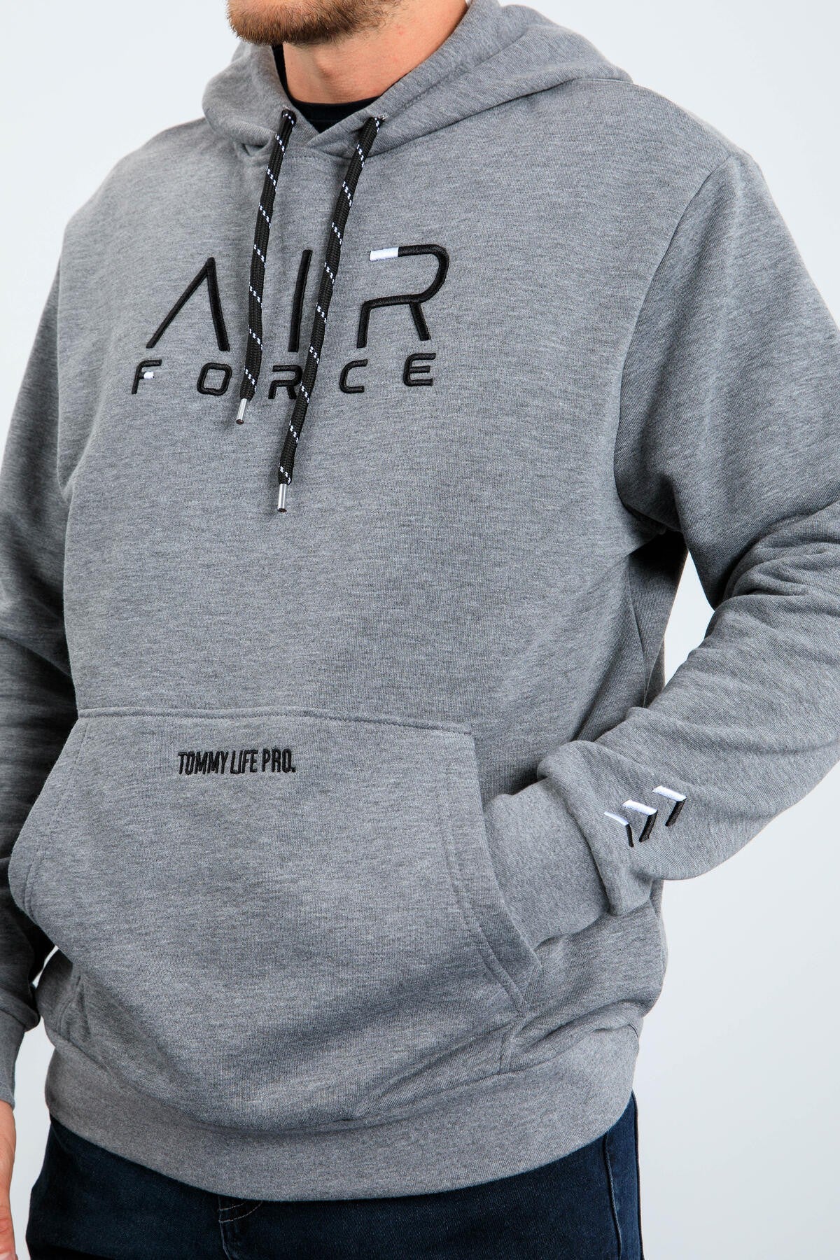 Gri Melanj Yazı Nakışlı Standart Kalıp Kapüşonlu Erkek Sweatshirt - 87838