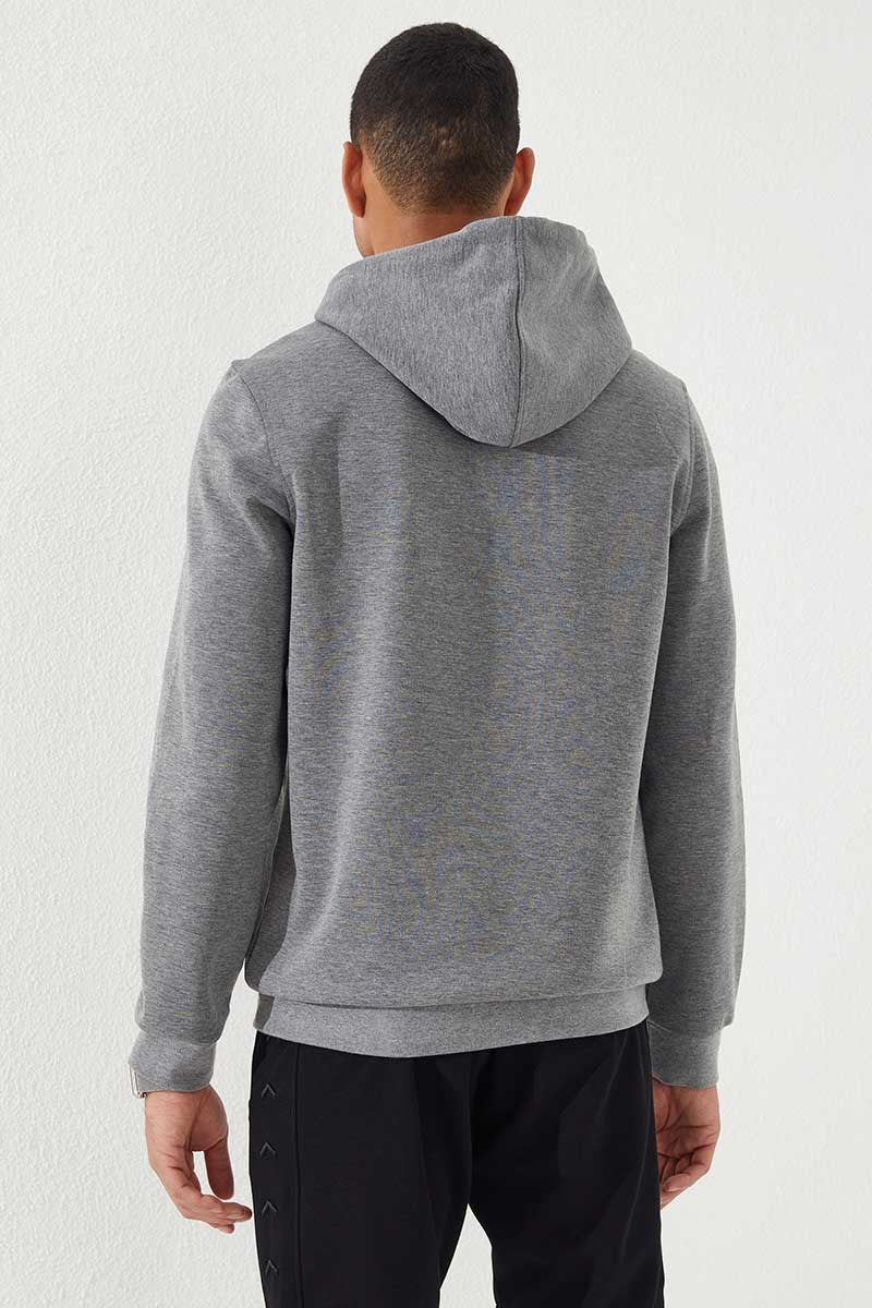 Gri Melanj Yazı Nakışlı Standart Kalıp Kapüşonlu Erkek Sweatshirt - 87887