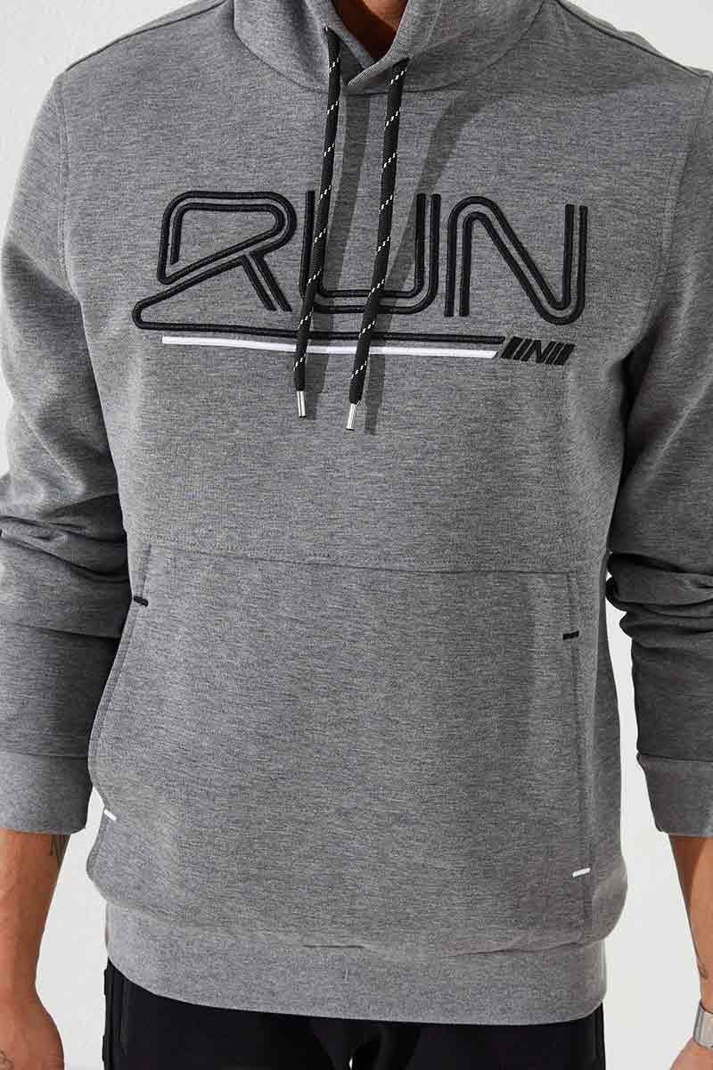 Gri Melanj Yazı Nakışlı Standart Kalıp Kapüşonlu Erkek Sweatshirt - 87887