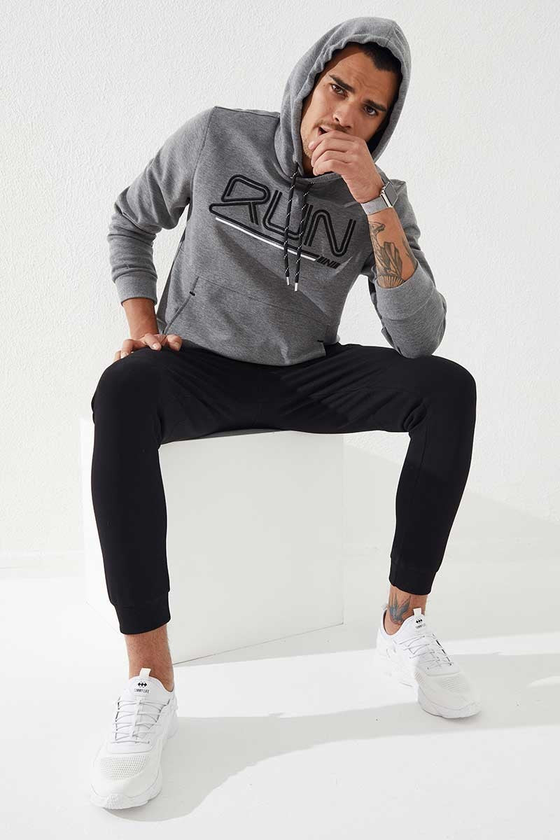 Gri Melanj Yazı Nakışlı Standart Kalıp Kapüşonlu Erkek Sweatshirt - 87887