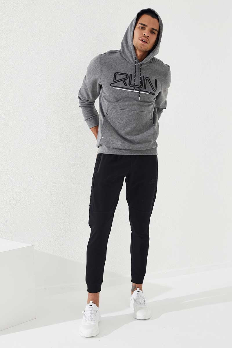 Gri Melanj Yazı Nakışlı Standart Kalıp Kapüşonlu Erkek Sweatshirt - 87887
