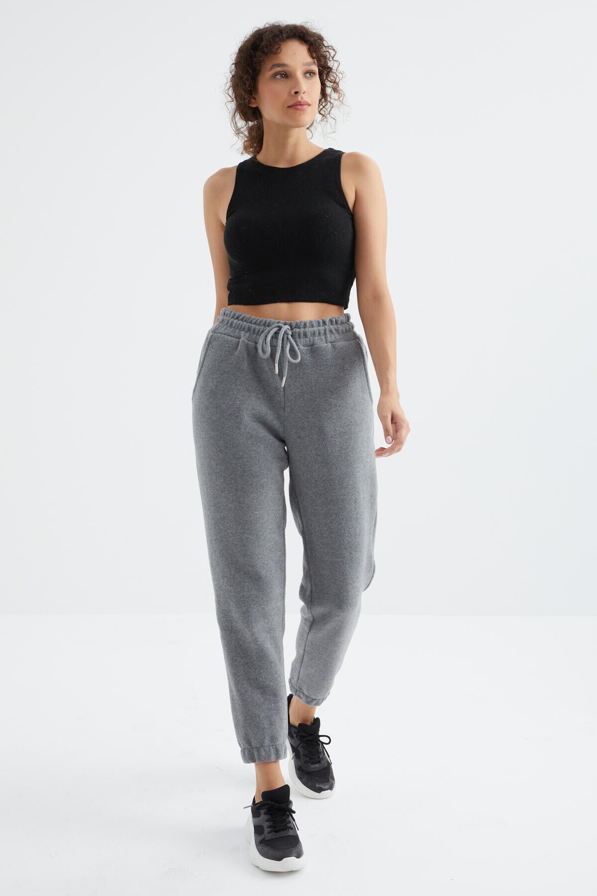 Gri Melanj Yüksek Bel Basic Bağcıklı Jogger Polar Kadın Eşofman Alt - 94622