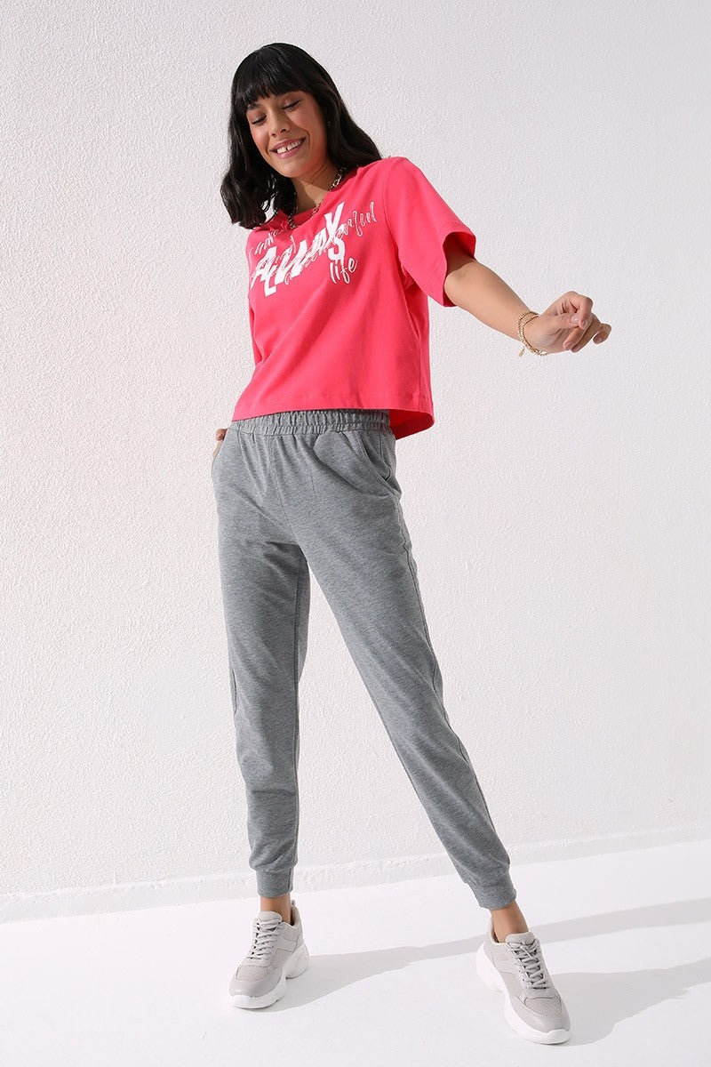 Gri Melanj Yüksek Bel Jogger Rahat Form Manşetli Kadın Eşofman Alt - 94561