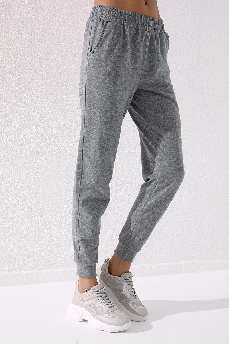 Gri Melanj Yüksek Bel Jogger Rahat Form Manşetli Kadın Eşofman Alt - 94561