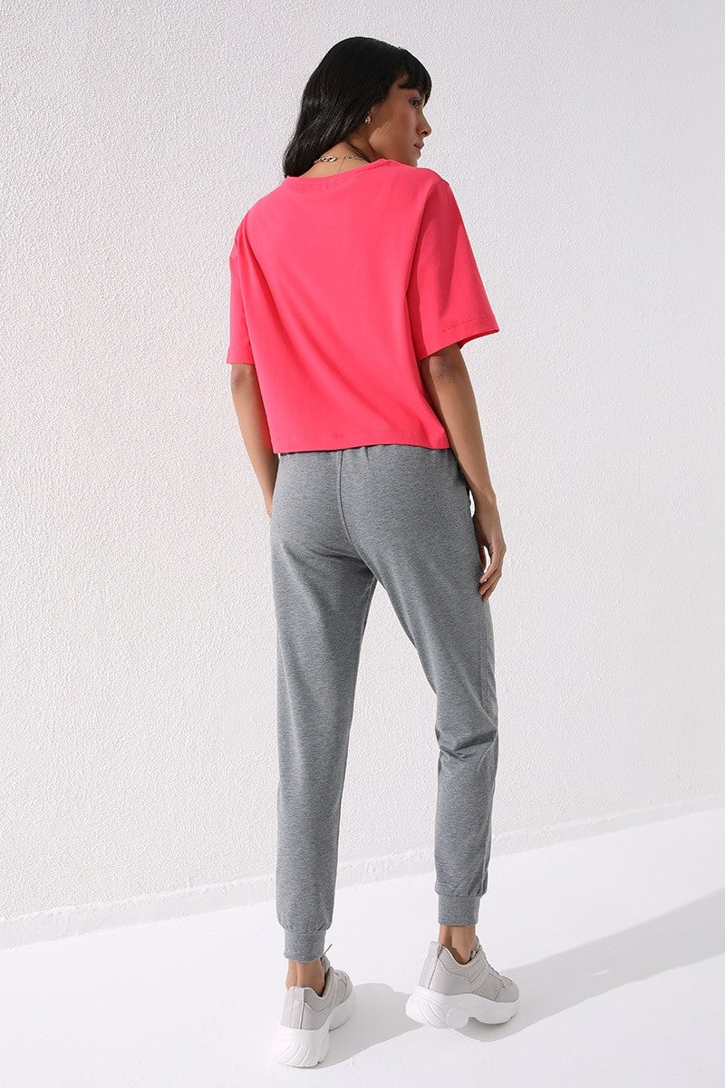 Gri Melanj Yüksek Bel Jogger Rahat Form Manşetli Kadın Eşofman Alt - 94561