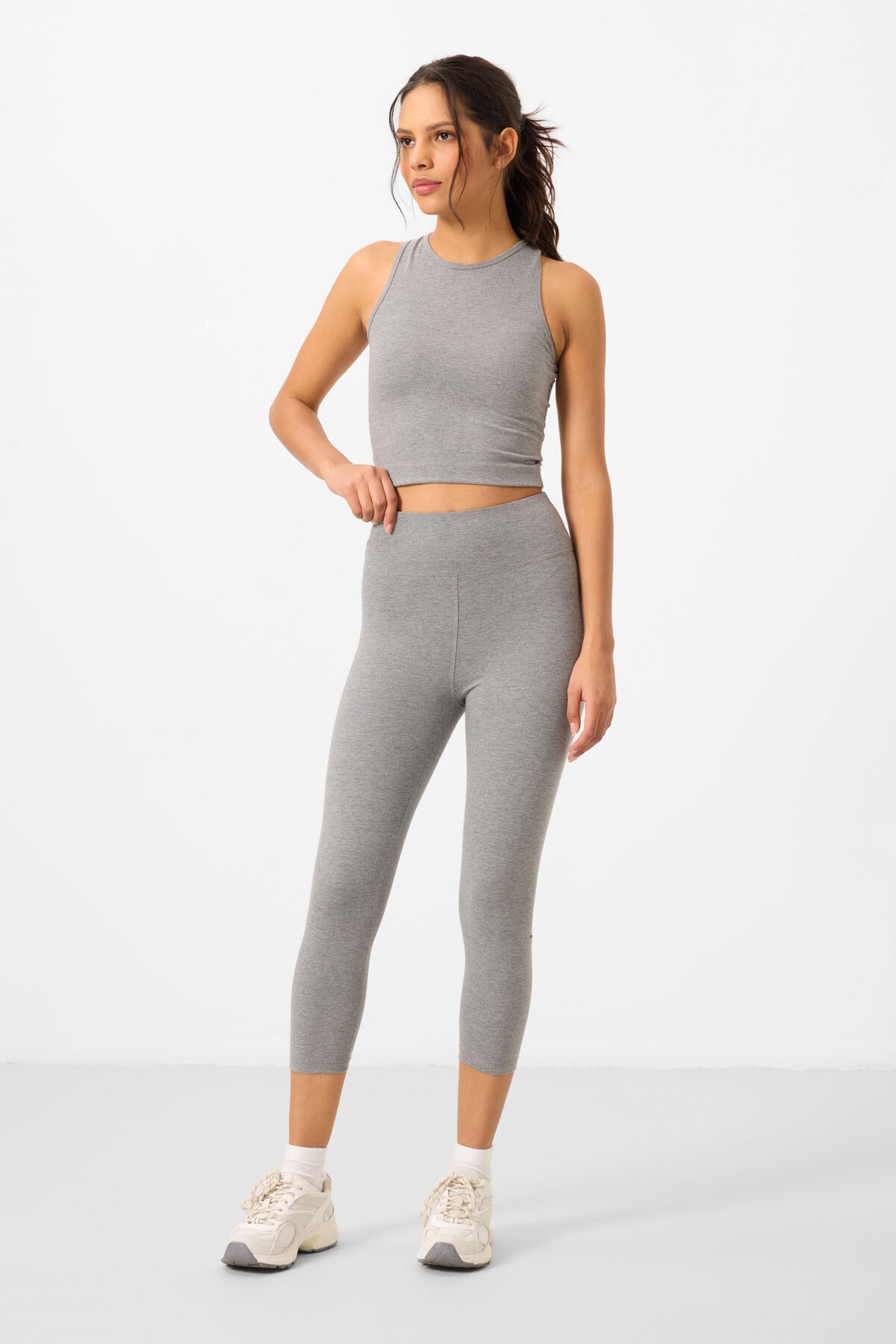 Gri Melanj Yüksek Bel Kapri-Crop Atlet Slim Fit Kadın Tayt Takım - 95284