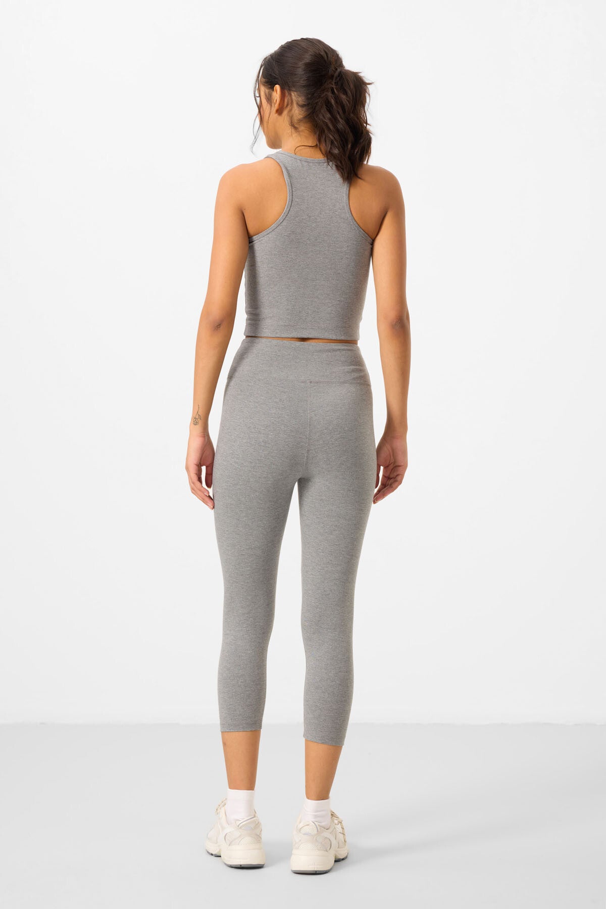 Gri Melanj Yüksek Bel Kapri-Crop Atlet Slim Fit Kadın Tayt Takım - 95284