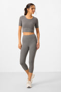 Gray Melange High Waist Capri-Crop T-Shirt Slim Fit Women's Leggings Set - 95285