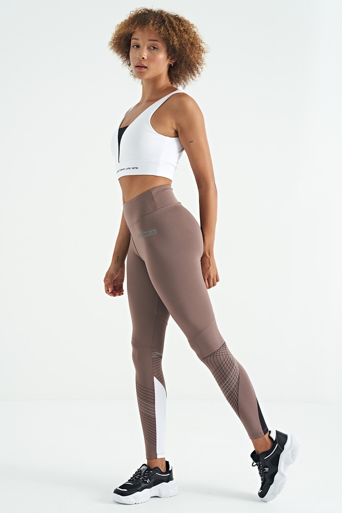 Gül Kurusu Arka Paça Renk Bloklu Slim Fit Yüksek Bel Kadın Tayt  - 94635