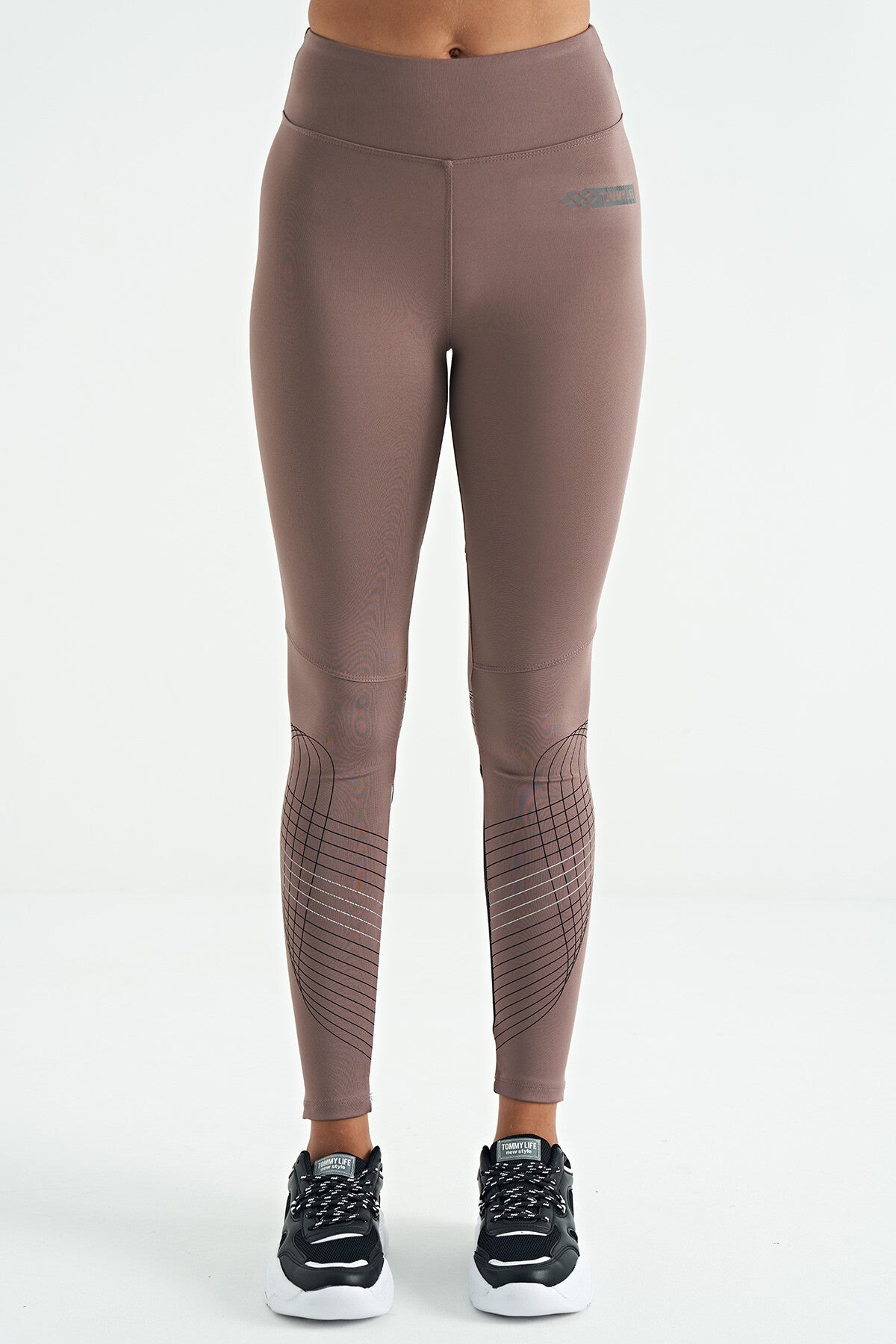Gül Kurusu Arka Paça Renk Bloklu Slim Fit Yüksek Bel Kadın Tayt  - 94635