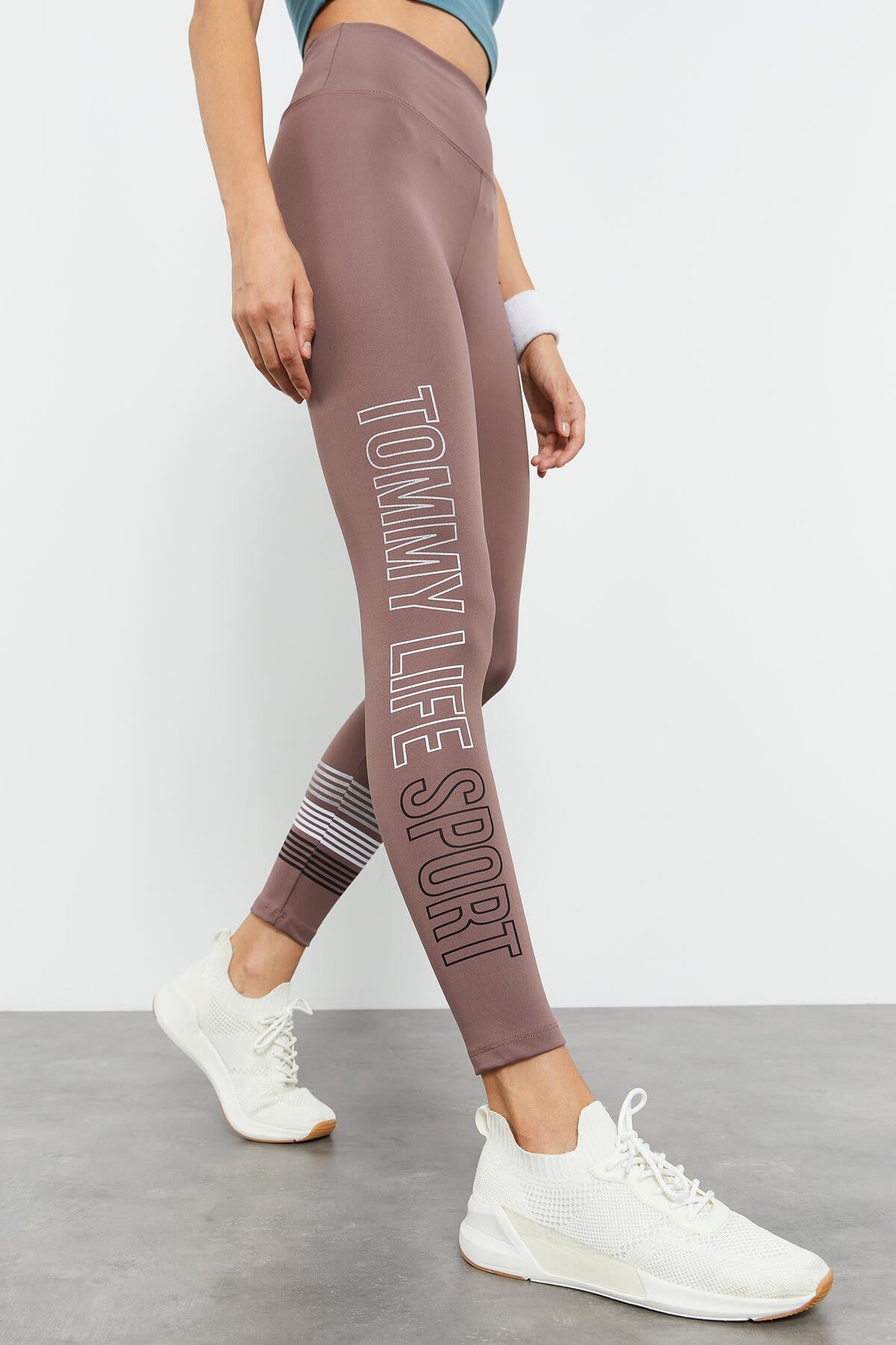 Gül Kurusu Yüksek Bel Yazı Baskılı Slim Fit Dar Paça Kadın Tayt - 94544