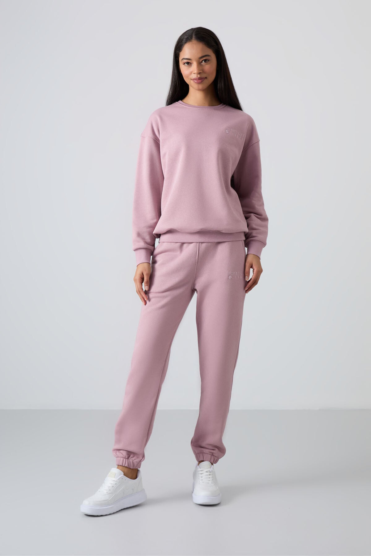 Gül Kurusu Basic Pamuklu O Yaka Oversize Lastik Paça Kadın Eşofman Takım - 95287
