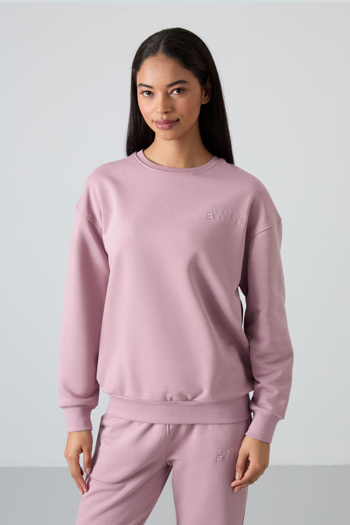 Gül Kurusu Basic Pamuklu O Yaka Oversize Lastik Paça Kadın Eşofman Takım - 95287