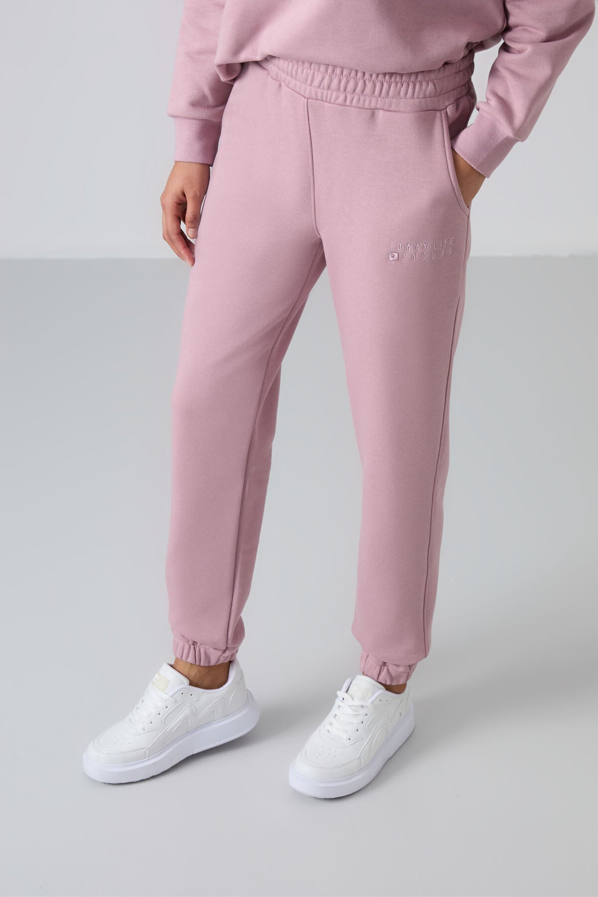 Gül Kurusu Basic Pamuklu O Yaka Oversize Lastik Paça Kadın Eşofman Takım - 95287