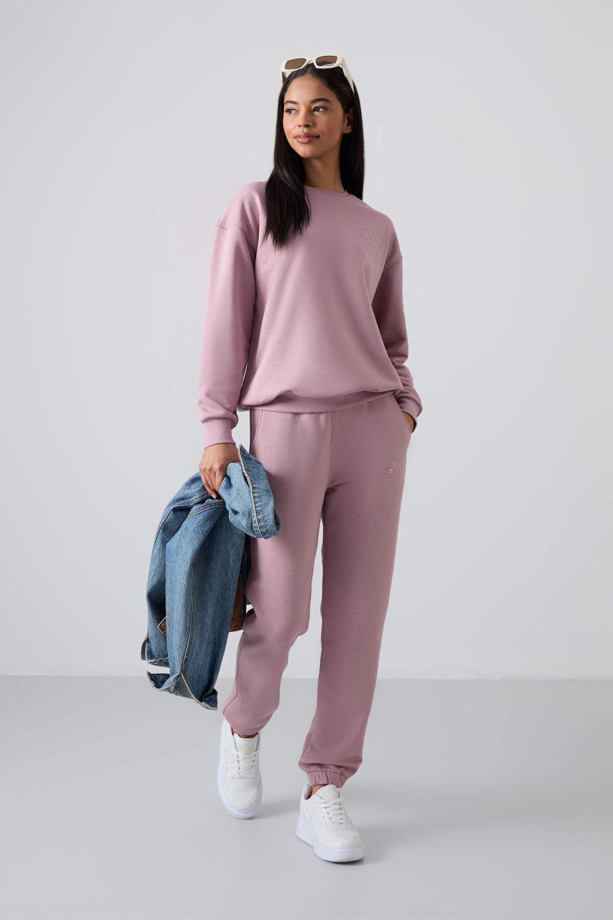 Gül Kurusu Basic Pamuklu O Yaka Oversize Lastik Paça Kadın Eşofman Takım - 95287