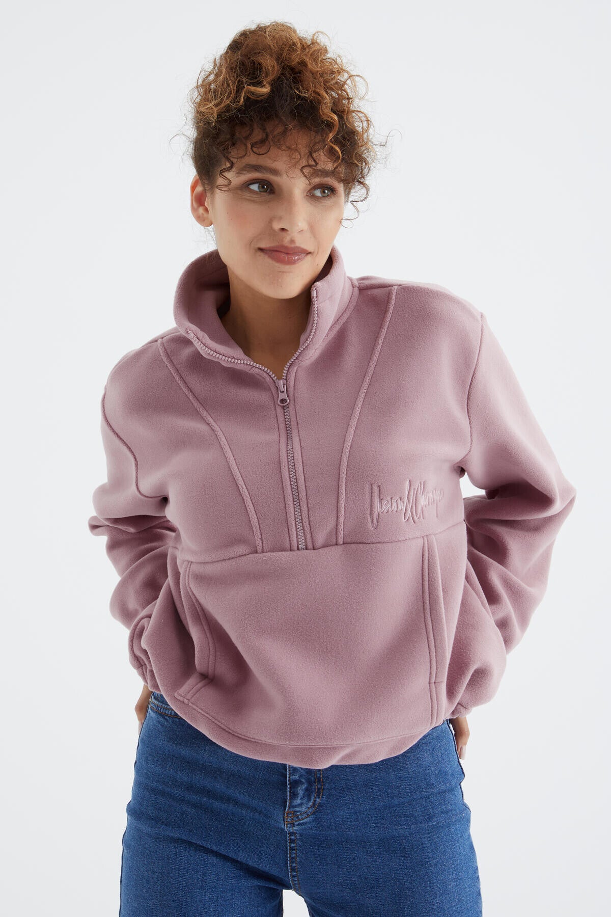 Gül Kurusu Yarım Fermuar Etek Ucu Büzgülü Kadın Polar Oversize Sweatshirt - 97171