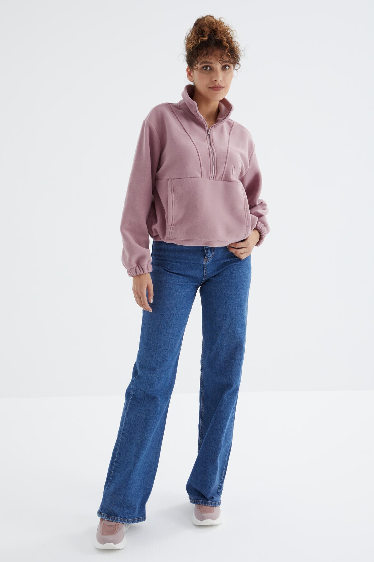 Gül Kurusu Yarım Fermuar Etek Ucu Büzgülü Kadın Polar Oversize Sweatshirt - 97171